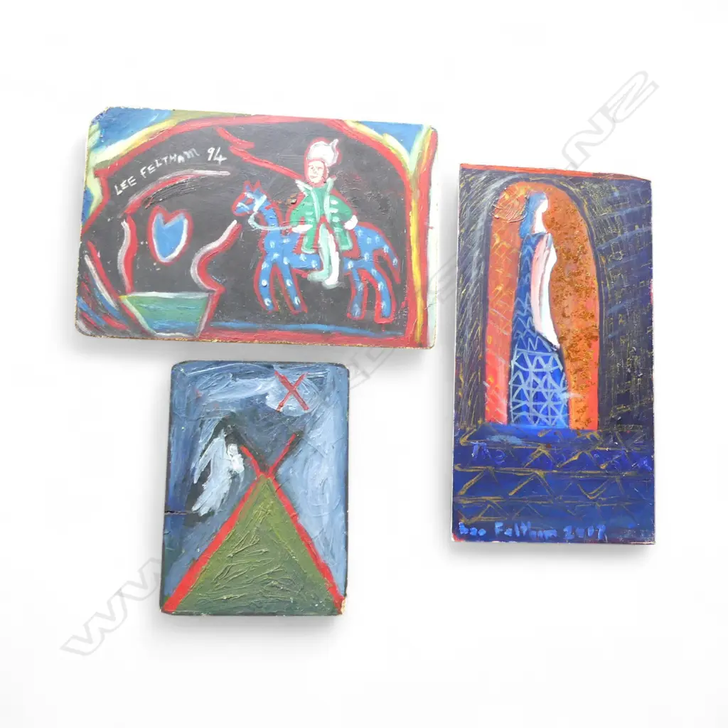 LEE FELTHAM, MYSTICAL FIGURES, ACRYLIC ON BOARD  x 3 (2 DAMMAGED RIGHT TOP CORNER), LGST 670 X 360MM provenance below Image 1++