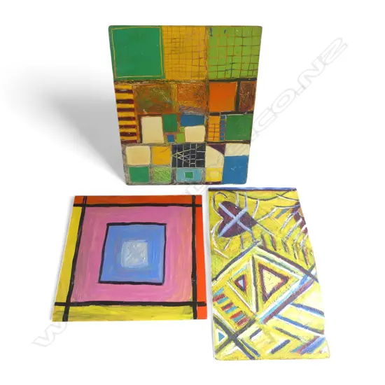 LEE FELTHAM, GEOMETRIC STUDIES, ACRYLIC ON BOARD x 3, LGST 600 X 750MM provenance below