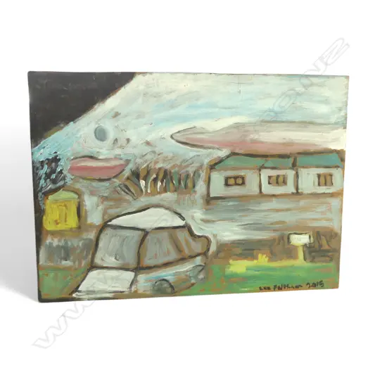 LEE FELTHAM, LANDSCAPE WITH A CAR, ACRYLIC ON BOARD ,  520 X 710 MM provenance below
