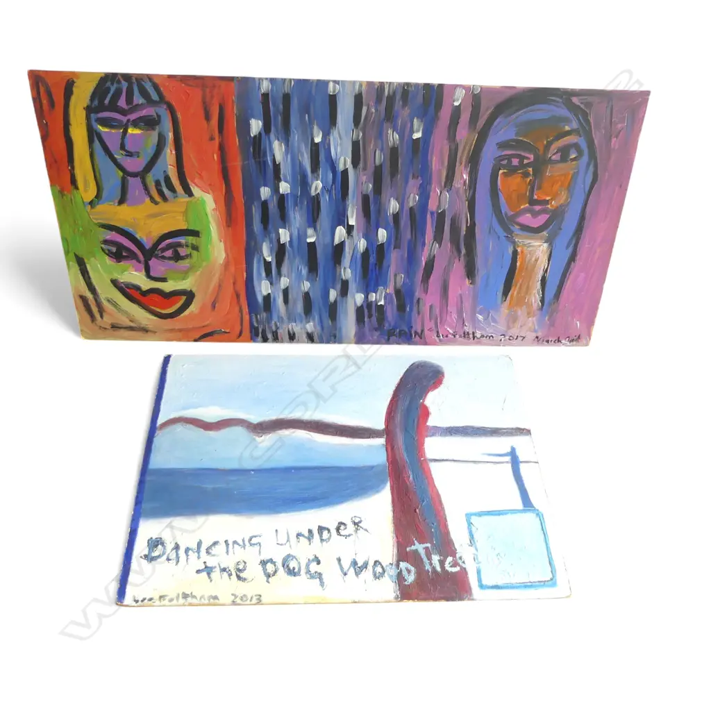 LEE FELTHAM, "DANCING UNDER THE DOG WOOD TREE" AND PORTRAIT , ACRYLIC ON BOARD,  x 2, LGST 610 X 1200MM provenance below Image 1++