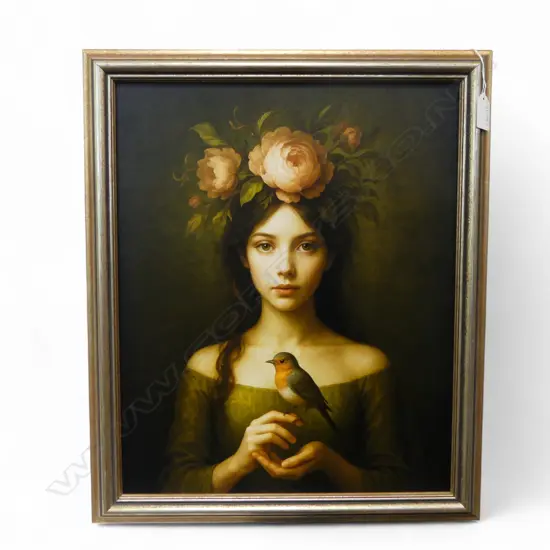MODERN PORTRAIT PRINT, YOUNG WOMAN w. BIRD, CANVAS ON BOARD 435x350mm