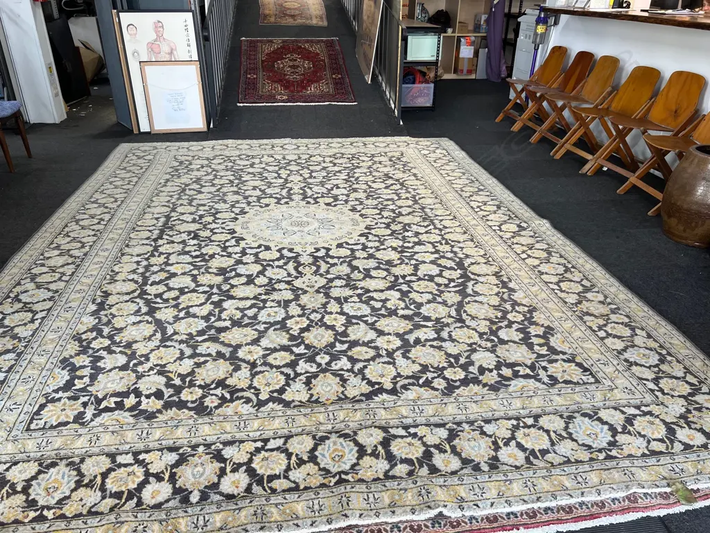 Very large Iranian Kashan hand knotted carpet w tendril floral designs. Some fading 4140 x 3100mm Image 1++