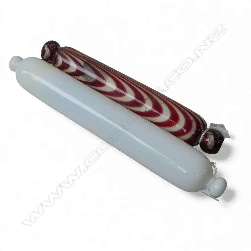 2 VICTORIAN GLASS ROLLING PINS: milk glass + red & clear with white internal. L's.360 & 300mm Image 1++