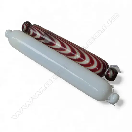 2 VICTORIAN GLASS ROLLING PINS: milk glass + red & clear with white internal. L's.360 & 300mm