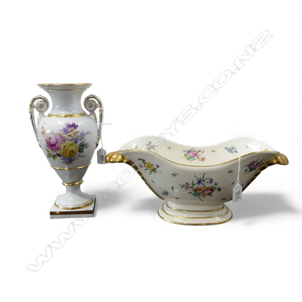 CLARICE CLIFF CENTREPIECE 'OLD BRITISH PORCELAIN' faulted W.410mm + GERMAN MANTEL VASE H.285mm Image 1++