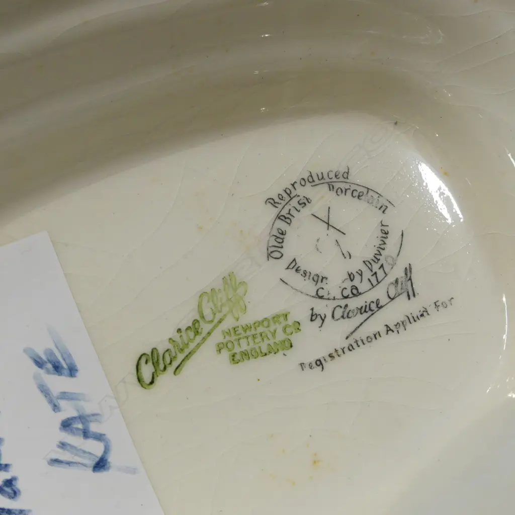 CLARICE CLIFF CENTREPIECE 'OLD BRITISH PORCELAIN' faulted W.410mm + GERMAN MANTEL VASE H.285mm Image 1++