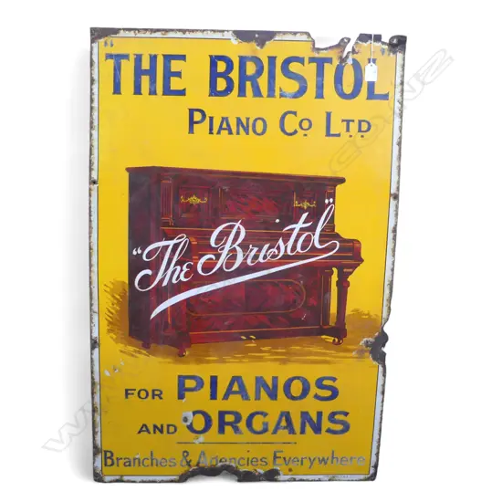 VINTAGE DISTRESSED 'THE BRISTOL PIANO Co. Ltd' ENAMEL ADVERTISING SIGN 985x635mm
