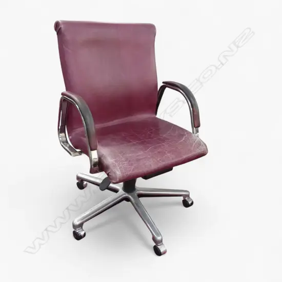 A WINCORP ADJUSTABLE OFFICE CHAIR WITH PURPLE LEATHER UPHOLSTERY (SEAT LEATHER CRACKED AND WORN)