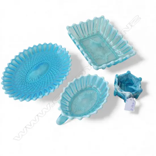 4 VICTORIAN BLUE PEARLINE GLASS DISHES with pale edges: Slag / marble glass hexagonal dish included. Largest L.220mm