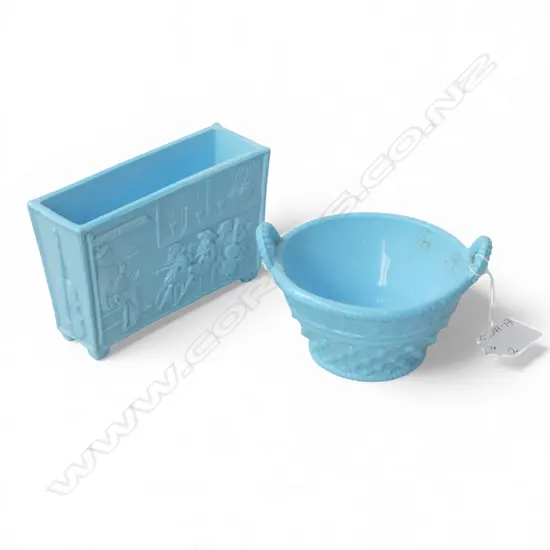 SOWERBY c.1880 GLASS 'OLD KING COLE' blue milk GLASS FLOWER VASE (After Walter Crane) L.130mm + similar BASKET form BOWL