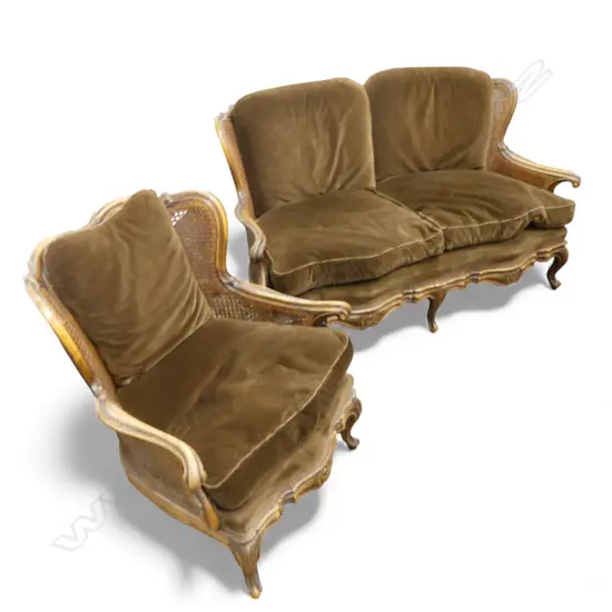 BERGERE CANE FILLED SOFA w. MATCHING ARMCHAIR includes squabs some faults