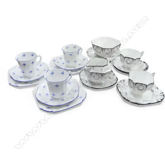 2 PART SHELLEY CHINA TEASETS 3CSPS BLUE BELL PAT & 2CSPS C/SUGAR BLACK & WHITE PAT