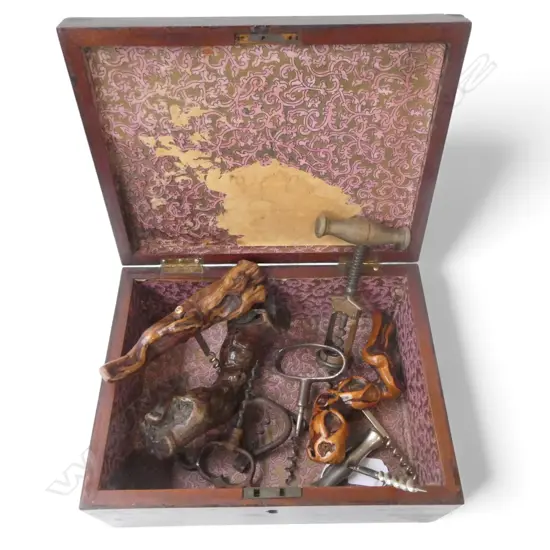 8 VINTAGE CORKSCREWS IN WOODEN BOX W.280mm