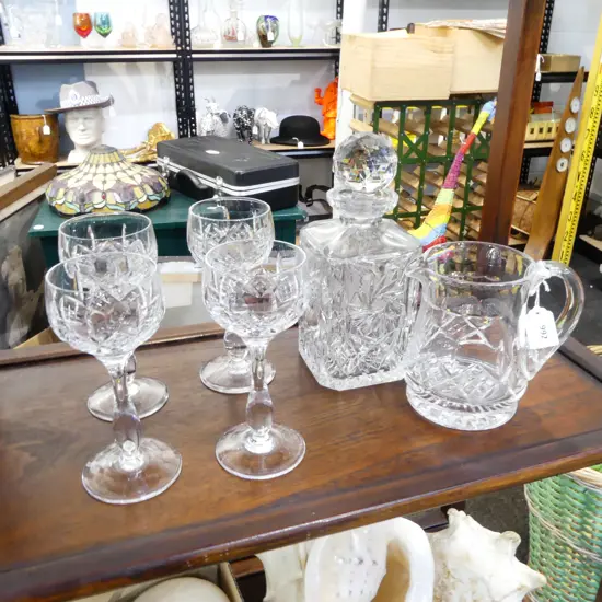 4 STUART CRYSTAL HOCK GLASSES, JUG & CRYSTAL DECANTER H.250mm faults