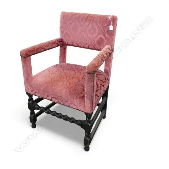 ANTIQUE OPEN ELBOW BROCADE UPHOLSTERED ARMCHAIR