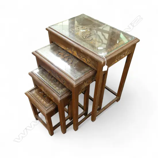 SET OF 4 ORIENTAL CARVED NESTING TABLES glass tops 505x350x640mm