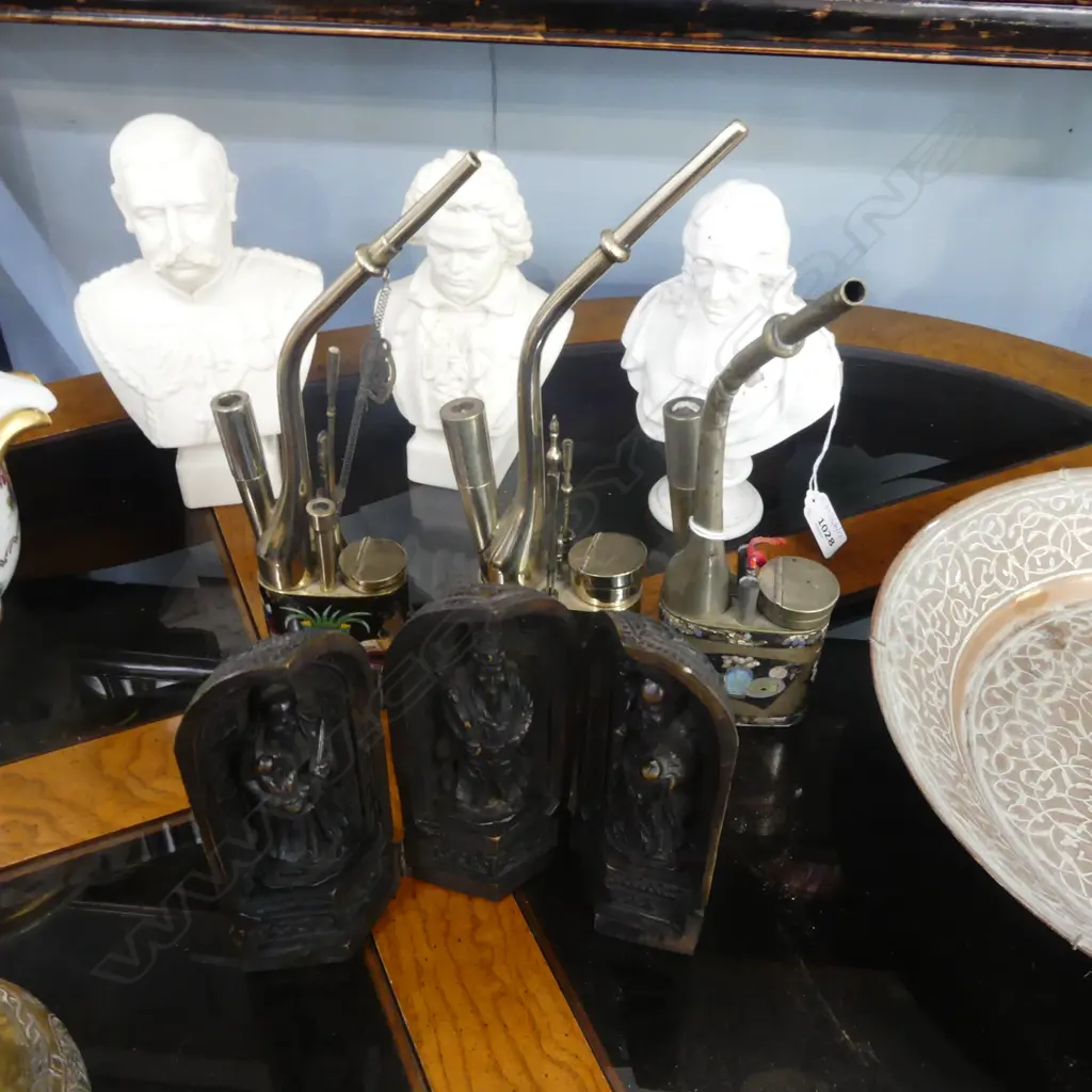 3 ORIENTAL METAL OPIUM PIPES H.260mm + RESIN CHINESE WISEMEN H.150mm Image 1++