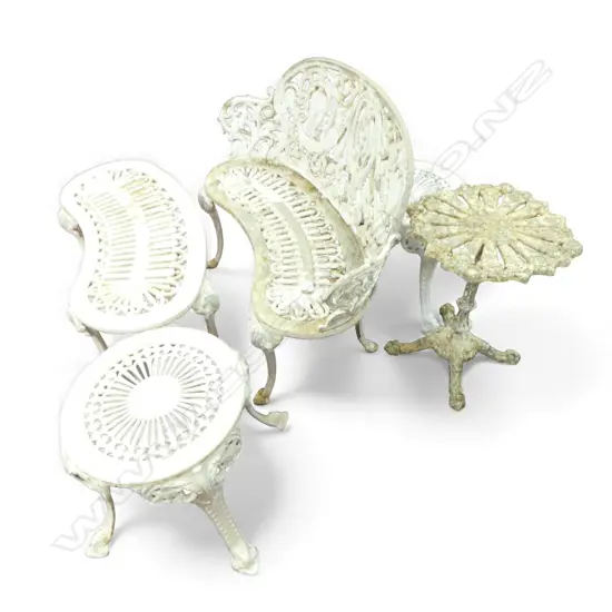 6 PCES WHITE METAL OUTDOOR FURNITURE; SETTEE W.960mm, PR STOOLS & TABLE + OTHER TABLES