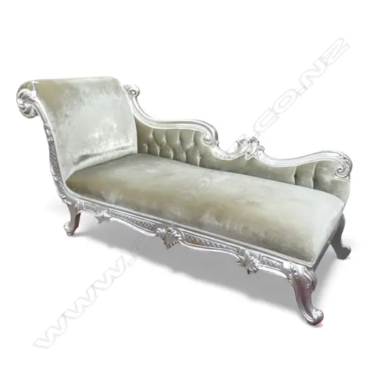 VICTORIAN STYLE CHAISE LONGUE WITH SILVER VELVET UPHOLSTERY 1650 X 720 X 850mm