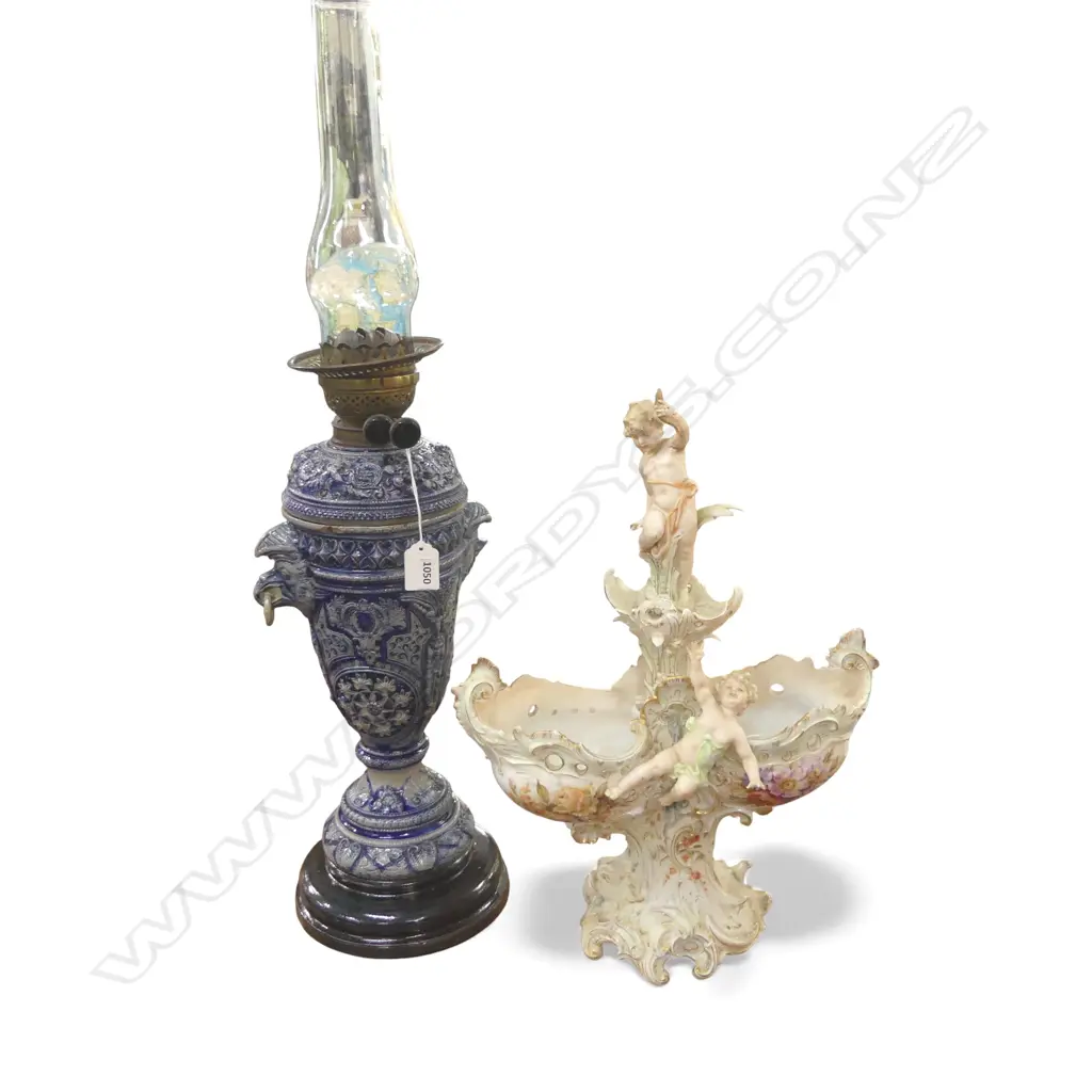 ANTIQUE SALT GLAZED KEROSENE LANTERN H.690mm + ORNATE PORCELAIN COMPORT w. PUTTI H.440mm both w. faults Image 1++