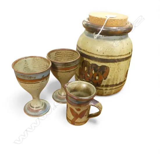 c1970's ARNAUD BARRAUD N.Z. STUDIO POTTERY JAR w. cork lid H.230mm, SMALL JUG & 2 GOBLETS