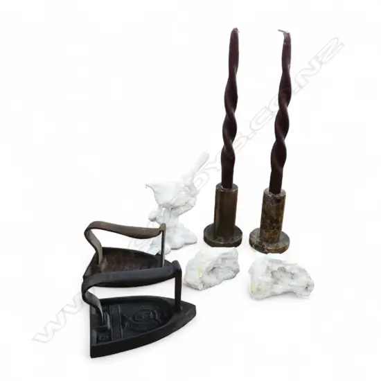 2 PCE QUARTZ STONE, PR MARBLE CANDLESTICKS, PR IRONS, WHITE RESIN BIRD H.185mm