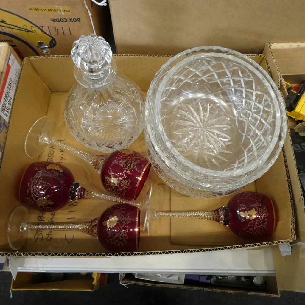 3 CUT CRYSTAL BOWLS Incl. WEBB & CORBETT, 4 STEMMED RUBY GLASSES & CUT CRYSTAL DECANTER Image 1++