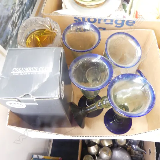 5 BLUE GLASS GOBLETS, 6 CUSTARD CUPS + BOXED COLUMBUS CLUB RIBBON FLOWER VASE H.215mm