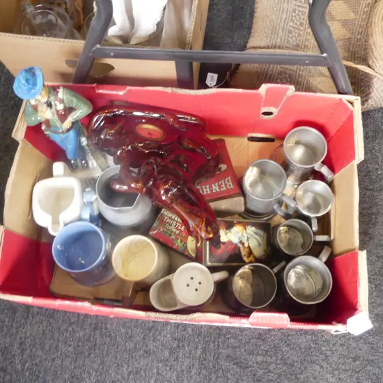  VINTAGE TINS, WHISKY ITEMS, PEWTER TANKARDS ETC 