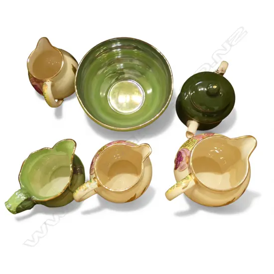 3 SADDLER JUGS, MALING JUG & BOWL, TEAPOT w. STG SILVER RIM