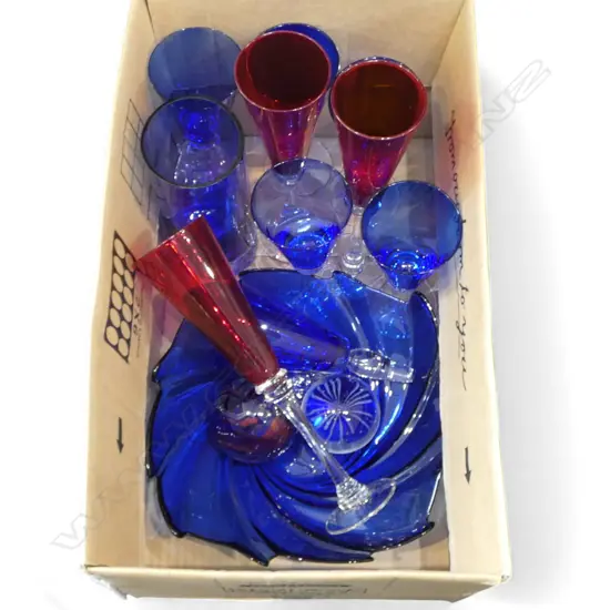 ASST. BLUE & RED GLASS INCL. 2 PAPERWEIGHTS