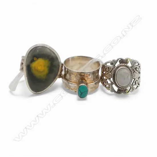 3 VINTAGE SILVER DESIGNER RINGS: Moonstone +turquoise + agate ?