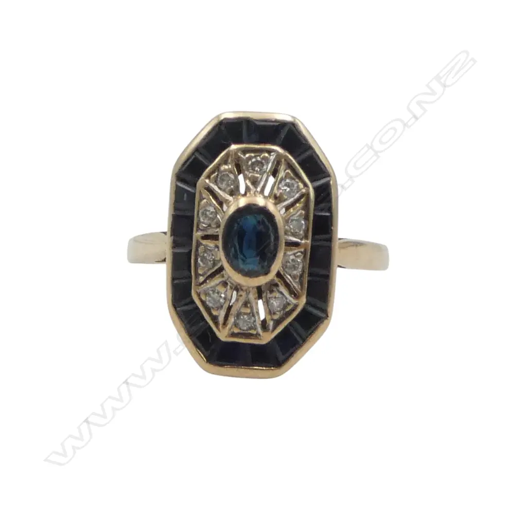 9ct Y/G ART DECO STYLE SAPPHIRE & DIAMOND CLUSTER RING elongated octagonal form 3gms SIZE L1/2 Image 1++