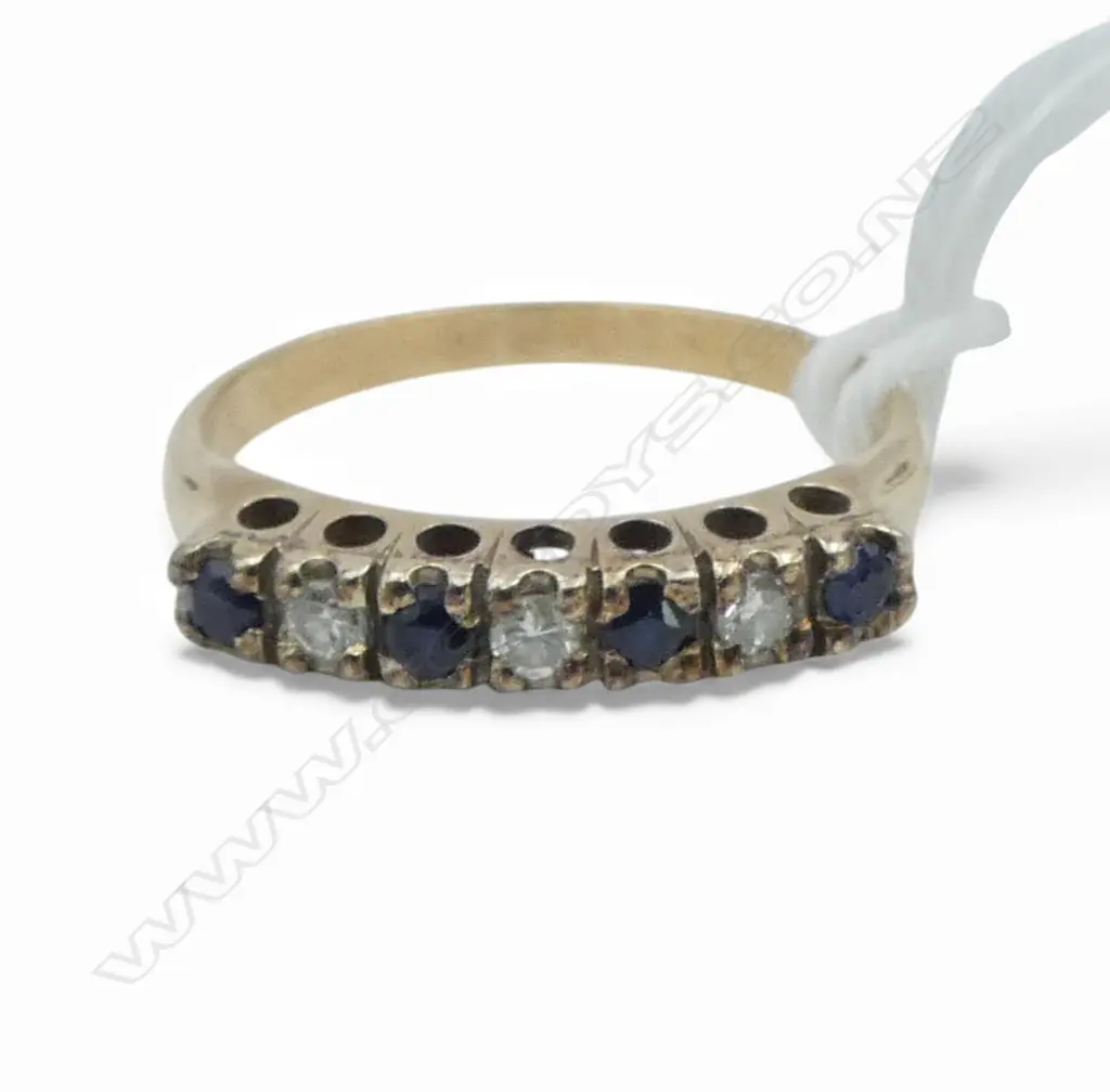 VINTAGE 9ct GOLD 4 SAPPHIRE & 3 DIAMOND BRIDGE RING size K. 1.84gns Image 1++