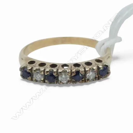 VINTAGE 9ct GOLD 4 SAPPHIRE & 3 DIAMOND BRIDGE RING size K. 1.84gns