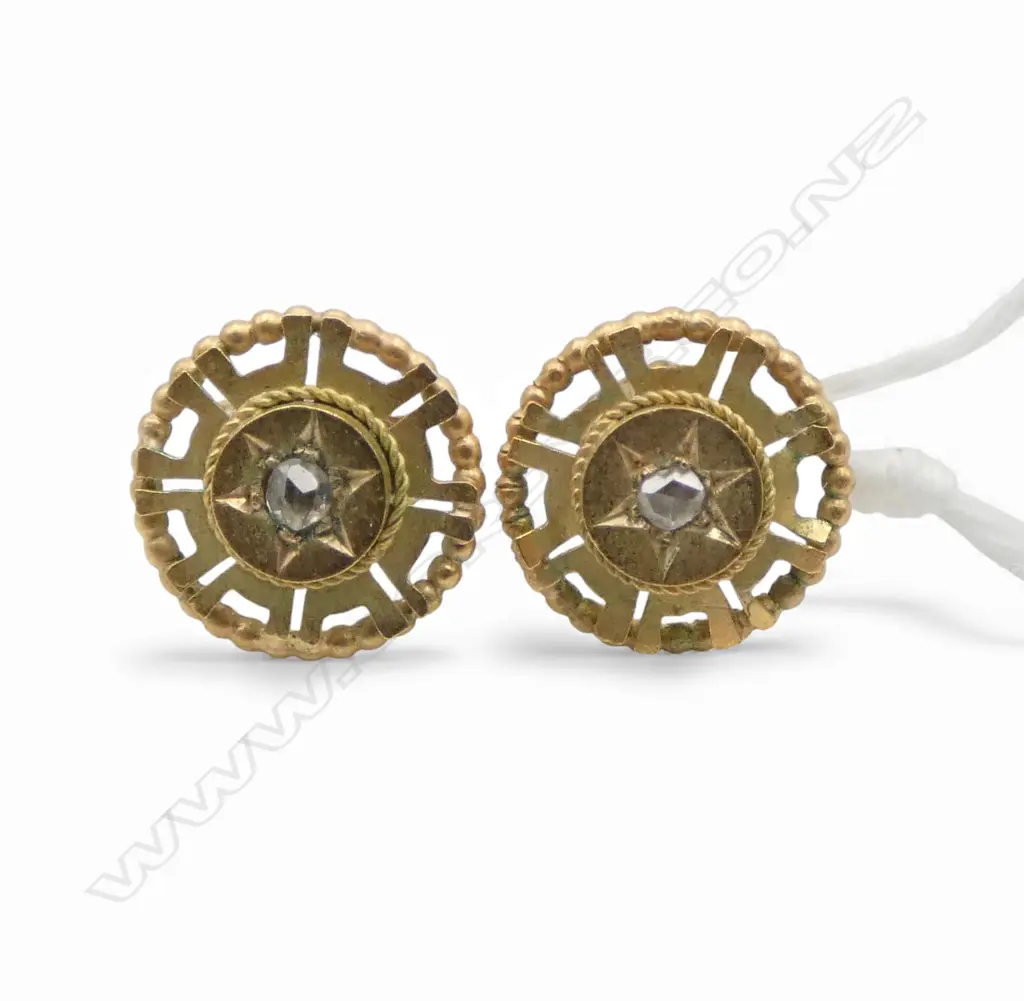 PR OF 9ct GOLD & OLD MINE CUT DIAMOND STUD EARRINGS 1.49gms Image 1++
