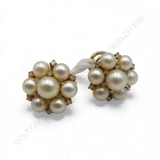 PR 18ct GOLD 7 CULTURED PEARL (Dia.17mm) & 12 DIAMOND DESIGNER CLUSTER EARRINGS, 10.7gms
