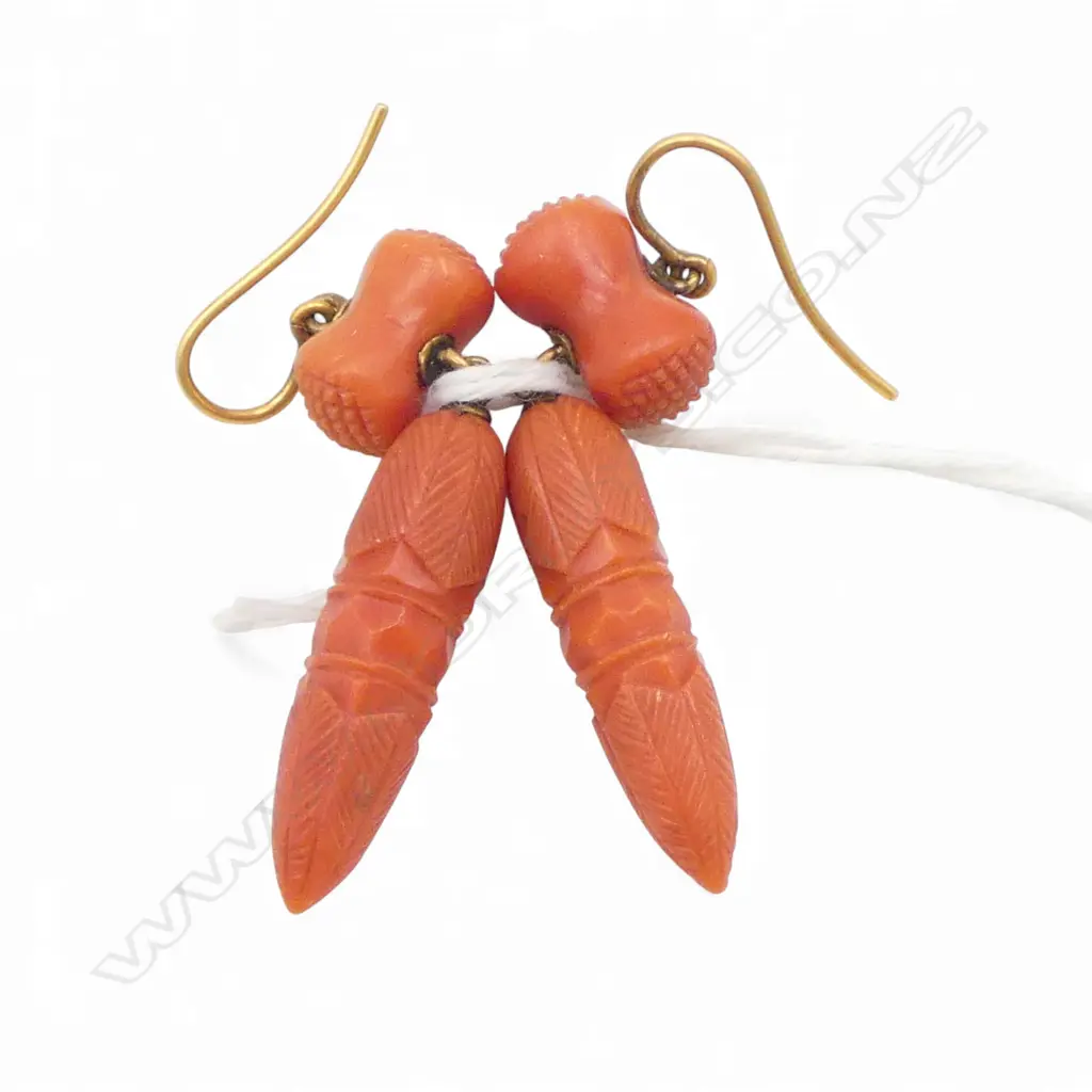 PR ANTIQUE CARVED MEDITERRANEAN CORAL DROP EARRING with 18ct GOLD HOOKS Image 1++