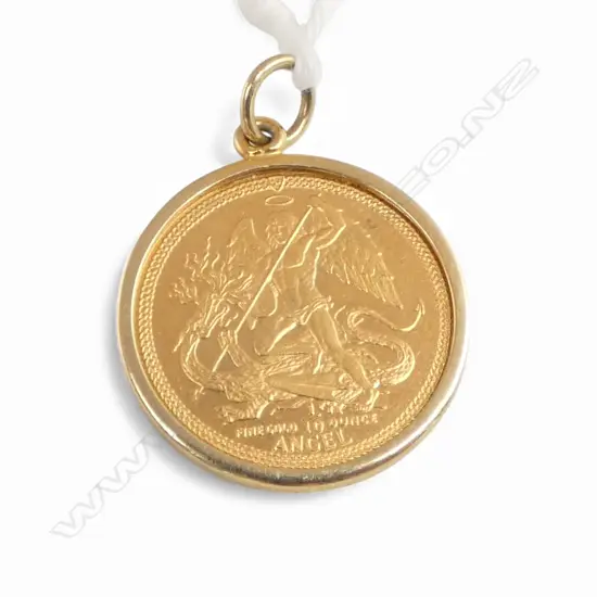 1987 ISLE OF MAN Gold 1/10 ounce ANGEL COIN in GOLD FRAME  3.76gms total