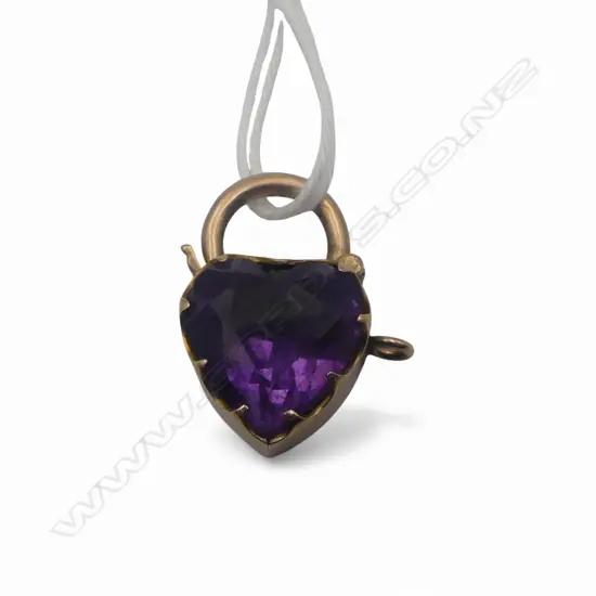9ct ROSE GOLD FRAMED AMETHYST HEART PADLOCK FOR BRACELET 3.7gms