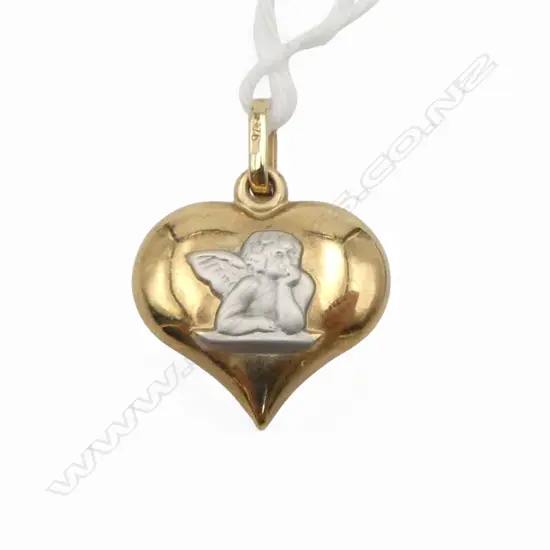 9ct HEART CHARM w PUTTI MOTIF, 0.86gm