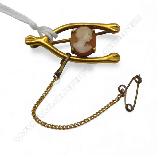 VINTAGE 9ct GOLD WISHBONE & CAMEO BROOCH 2.75gms