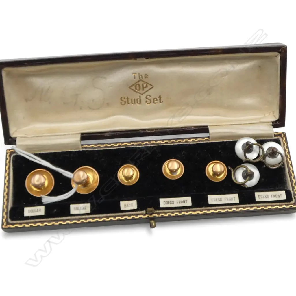 LEATHER CASED SET 5 9ct GOLD SHIRT STUDS 3.52gms + 3 MOP Image 1++