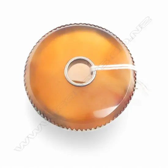 Round agate stone set brooch in silver frame hole to center Dia.52mm