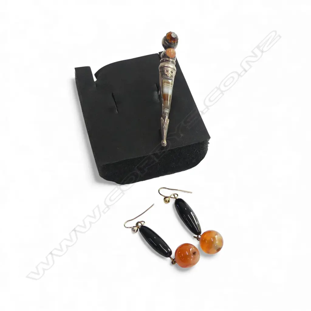 Vintage Scottish agate & cairngorm set dirk dagger brooch + pr agate drop earrings:  Image 1++