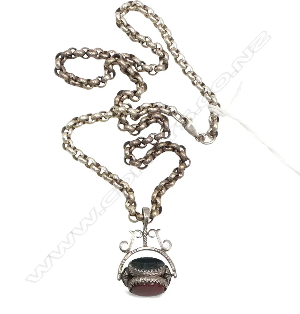 SILVER NECKLACE with SILVER FOB SPINNER set w carnelian + bloodstone & onyx panels 31 grams including spinner Image 1++