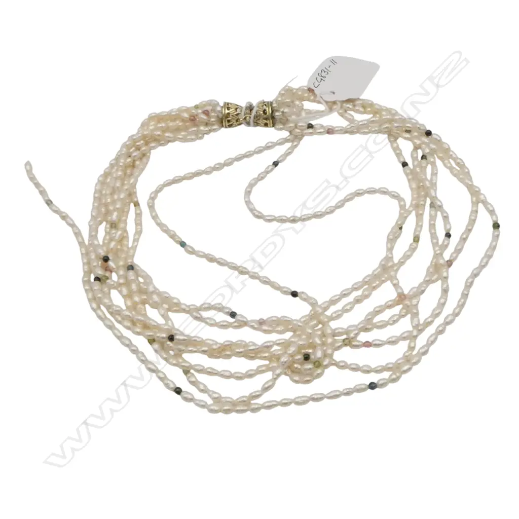8 STRAND SEED PEARL NECKLACE w ORNATE 14ct GOLD CLASP, L.430mm, valuation, loose strand needs repair Image 1++