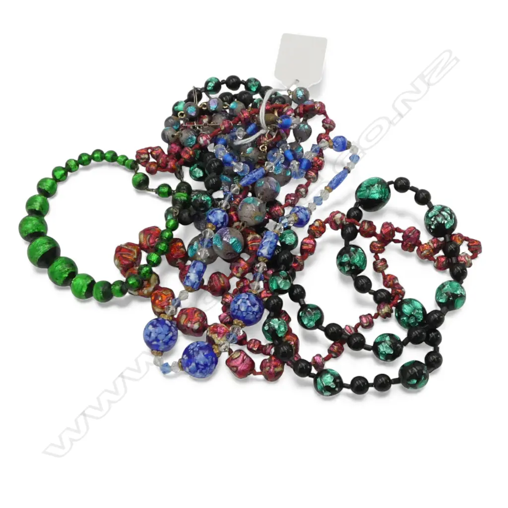 5 VENETIAN VINTAGE COLOURED GLASS BEAD NECKLACES with foil & speckled highlights etc Image 1++