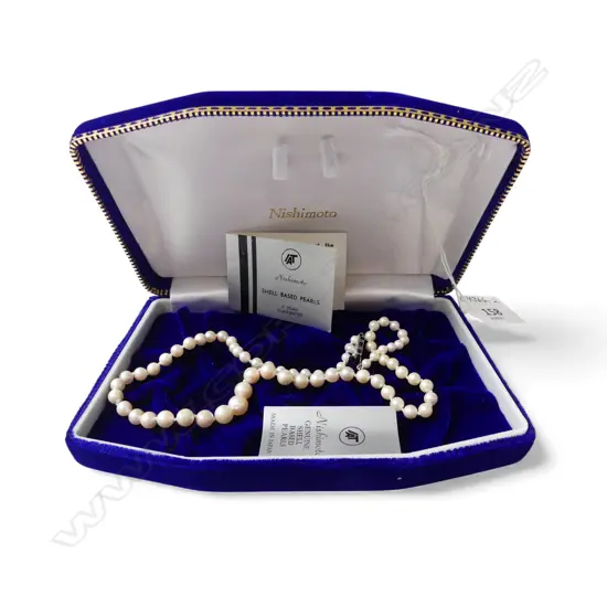 STRAND NISHIMOTO GRADUATED SIMULATED PEARLS w SILVER CLASP, L.420mm