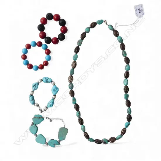 4 BRACELETS + NECKLACE; TURQUOISE ETC